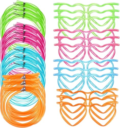 Strohhalm Brille, Neuheit Brille Strohhalm, Wiederverwendbare Strohhalm Brille, Crazy Fun Loop Strohhalme, Flexible Mehrfarbige Strohhalme, Brillengestell in Herzform, 4 Farben,12 pcs von Yitobici