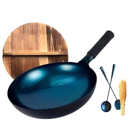 Yiustldd Chinesische Wokpfanne mit Griff (runder Boden), 1,8 mm handgefertigter Wok aus Gusseisen mit Deckel, Flache Bratpfanne ohne Chemikalien,38cm von Yiustldd
