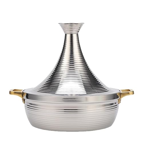 Yiustldd Edelstahl-Tajine-Topf mit kegelförmigem, geschlossenem Deckel, Antihaft-Slow-Cooker-Pfanne mit 2 Griffen für Induktionskochfeld und Gasherd,Silber,22cm von Yiustldd