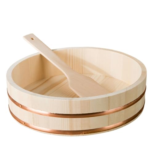 Yiustldd Handgemachte Hangiri Sushi-Reisschale Aus Holz, 12 Größen Traditioneller Japanischer Sushi-Oke-Rührbottich Mit Kupferbändern Und Löffel Für Das Restaurant,36x9cm von Yiustldd