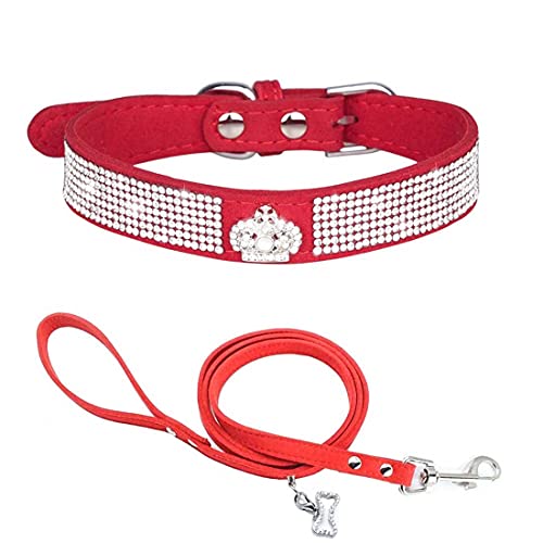 Yiwong Hundehalsband mit Strasssteinen + Hundeleine, Halsband mit Strass Schleife für Hunde und Katzen, Halsband für Hunde und Katzen, aus Weichem Wildleder von Yiwong