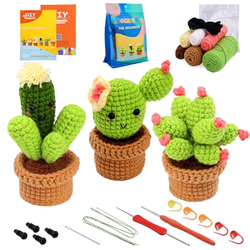 Yixinly Häkelset Anfänger, 3 Stück Kaktus Häkelset für Anfänger Komplett Stricken für Anfänger Set Crochet Set für Kinder Erwachsene DIY Häkel Set mit Anleitung, Kaktus Stricken für Anfänger(Stile 1) von Yixinly