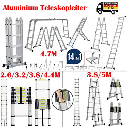 3.2M Teleskopleiter Aluleiter Rutschfester Stehleitern Mehrzweckleiter Fingerklemmschutz Auszeihbar Schiebeleitern 11 sprossen Klappbar bis 150 KG/330 Pfund Belastbarkeit von Yiyai