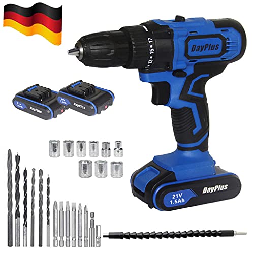 Akku-Bohrschrauber (21V, 1,5 Ah, mit EU-Ladegerät - Schnellladung), LED Licht, Max. Drehmoment: 45Nm, Bohrfutter: 0.8mm-10mm, 18+1 Drehmomentstufen, 2 Gang, 29-tlg. Zubehör-Set - mit 2 Akkus von Yiyai