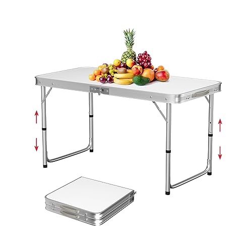 Campingtisch Faltbar mit Tragegriff für Picknicks im Freien, Grillpartys, Familienessen, L120 x B60 x H70/62/55cm, 3 Höhenverstellbar, Aluminiumrohr + MDF, Gartentisch/Balkontisch, Klapptisch Camping von Yiyai