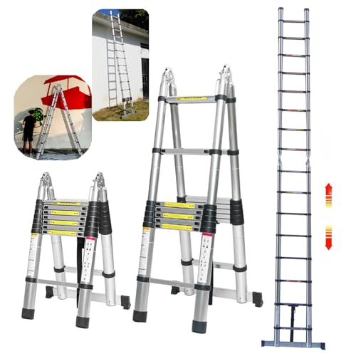 Teleskopleiter 5m Klappbar, Rutschfester 5m Teleskopleiter 2,5m + 2,5m Edelstahlleiter Ausziehbar Leiter Schiebeleiter 16-Sprossenleiter, max 150 kg Belastbarkeit von Yiyai