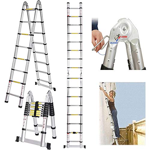 Aluminium Teleskopleiter 5m Klappbar Leiter Multifunktionsleiter 2.5M+2.5M Aluleiter, Ausziehleiter 16 Stufen Anti-Rutsch Stufen und Stabilizer bar, 150kg Belastbarkeit von Yiyai