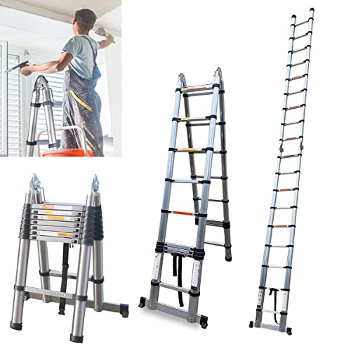 Teleskopleiter 5m Klappbar mit Stabilisator, Rutschfester Klappleiter Stehleiter Mehrzweckleiter aus hochwertiges Edelstahl, Maximale Belastung 150 kg (2,5+2,5m) von Yiyai