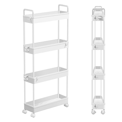 Yiyai Rollwagen 4 Ebenen, Küchenwagen schmal, Nischenregal auf Rollen, Stahl, Griff, für kleine Räume, 12,5 x 38,8 x 90,7 cm, Küche, Bad, Wohnzimmer, Arbeitszimmer, Weiß Yiyai Rollwagen 4 Ebenen, Küchenwagen schmal, Nischenregal auf Rollen, Stahl, Griff, für kleine Räume, 12,5 x 38,8 x 90,7 cm, Küche, Bad, Wohnzimmer, Arbeitszimmer, Weiß von Yiyai