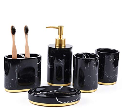 Badezimmer Zubehör Badausstattung Sets 5-Teiliges aus Harz,Marmor Aussehen mit Seifenspender, Zahnputzbecher, Seifenschale,Zahnbürsten-Halter, luxuriöses Badezimmer-Set Weiß Schwarz von Yiyida