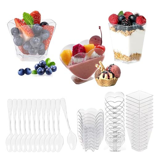 Yiyifor Dessertgläser Plastik, 30 Stück Dessertbechern mit 30 Stück Löffeln,Wiederverwendbar Plastik Dessertbecher Set,für DIY Dessert Pudding Mousse Eis Hochzeiten Geburtstage Party von Yiyifor