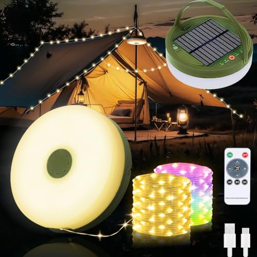 Yizhet 10m Camping Lichterkette Solar Aufrollbar 2 in 1 Wasserdicht Lichterkette mit 8 Beleuchtungsmodi Tragbare Wiederaufladbare Led Lichterkette für Camping, Wandern und Hofdeko(Warmweiß & Farbig) von Yizhet