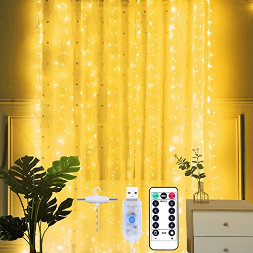 Yizhet Lichtervorhang 2x2m LED Lichterkette Vorhang Lichtervorhang Innen mit Fernbedienung, 10 Haken 8 Modi, IP65 Wasserdicht Deko für Schlafzimmer, Ramadan, Hochzeit, Weihnachten (Warmweiß) von Yizhet