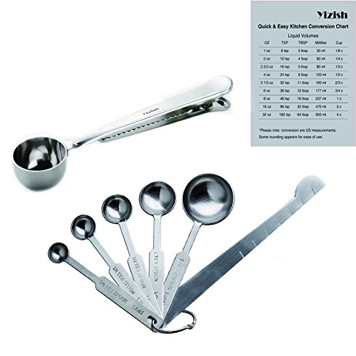 Yizish 304 Edelstahl Messlöffel mit Messlineal, Scoop mit Clip, Küchenumrechnungstabelle 8er Set zum Backen und Kochen von Yizish