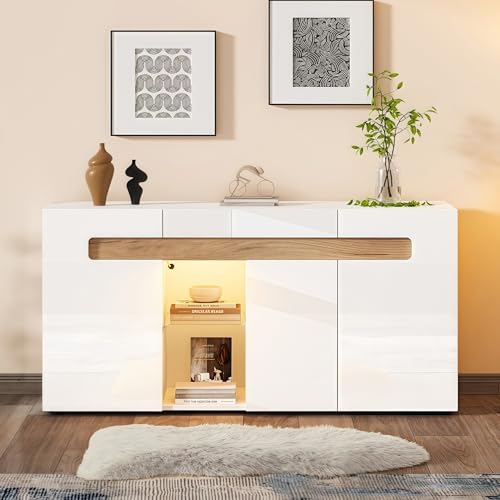 Yizom Esszimmerschrank Sideboard mit LED-Licht, Wohnzimmerschrank mit App-Steuerung, 140x40x70 cm Hochglanz Wohnzimmermöbel, Hochglanz weiß mit Glasböden, Aufbewahrungsschrank von Yizom