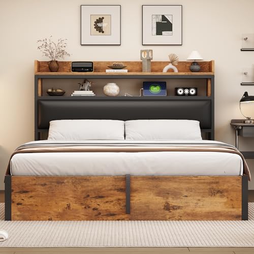 Yizom Bettgestell mit USB, gepolsterte Kopfstütze, Retro Holz- und Metalldesign, versteckter Stauraum, Doppelbett, Moderne Schlafzimmermöbel in Schwarz (schwarz, 180X200) von Yizom