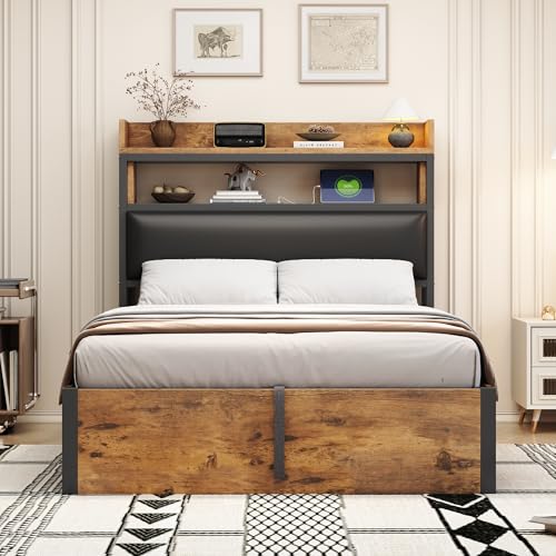 Yizom Bettgestell mit USB, gepolsterte Kopfstütze, Retro Holz- und Metalldesign, versteckter Stauraum, Doppelbett, Moderne Schlafzimmermöbel in Schwarz (schwarz, 90 X 200cm) von Yizom