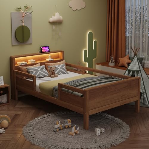 Yizom Einzelbett 90x200 cm, Massivholz Kieferfarbe, mit USB und Typ-C Anschluss, LED-Beleuchtung, Stauraum im Kopfteil, Modernes Design von Yizom