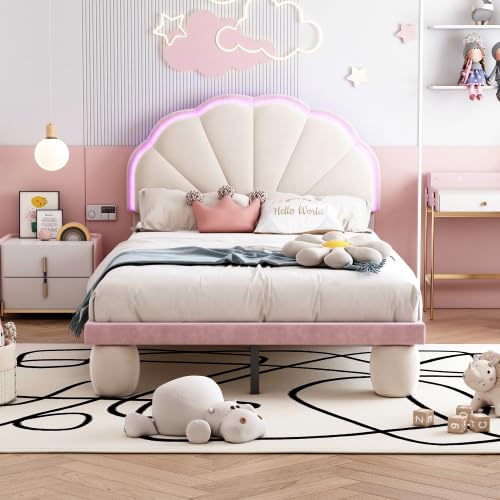Yizom Kinderbett mit Holzlattenrost, Einzelbett, Polsterbett mit mehrfarbiger, wechselbarer LED-Lichtleiste, gewelltes Kopfteil, mit gepolsterten Rundbeinen, Samt, Beige + Rosa, 90x200 cm von Yizom