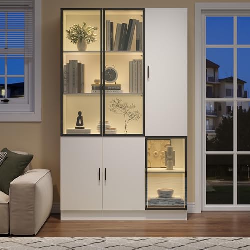 Yizom LED Vitrinenschrank 200x120x35cm, Glasvitrine mit 16 Farben Beleuchtung, Bücherregal mit 6 Einlegeböden, Wohnzimmerschrank mit Fernbedienung, Weiß Hochglanz von Yizom