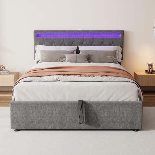 Yizom Polsterbett, hydraulisches Stauraumbett, mit LED-Beleuchtung, USB- und Typ-C-Anschlüssen, Fernbedienung, grau (Grau + Leinen, 140X200) von Yizom