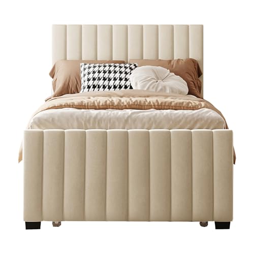 Yizom Polsterbett 90x190cm mit Ausziehbett, Samtbezug in Beige, Modernes Einzelbett mit Kopfteil, Maximale Belastung 150kg Yizom Polsterbett 90x190cm mit Ausziehbett, Samtbezug in Beige, Modernes Einzelbett mit Kopfteil, Maximale Belastung 150kg von Yizom