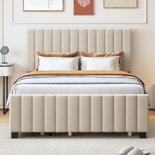 Yizom Polsterbett mit Ausziehbett,mit Zwei Schubladen,flaches Doppelbett in hautfreundlichem Samtstoff Kinderbett Jugendbett Gästebett,Beige(ohne Matratze) (Beige, 140X190) von Yizom