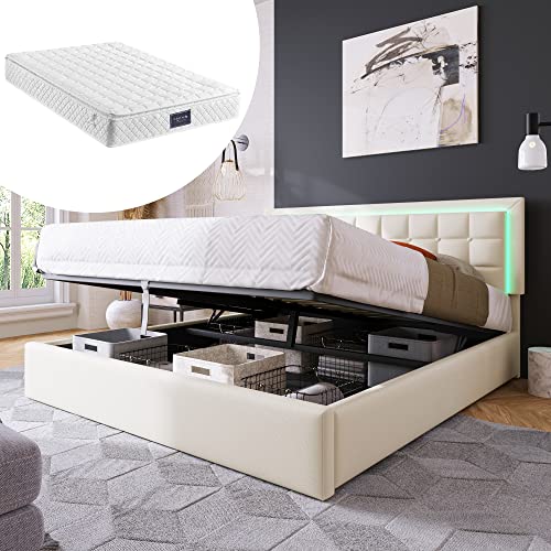 Yizom Polsterbett mit Lattenrost und Stauraum Doppelbett inkl. LED-Beleuchtungsleiste Bettgestell, Stauraumbett Funktionsbett Bezug aus Kunstleder Weiß (weiße Matratze, 140X200) von Yizom