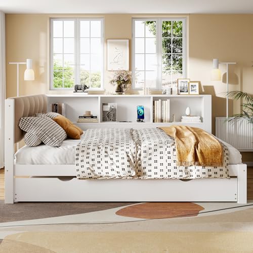 Yizom Schlafsofa, Einzelbett mit Ausziehbett, mit dimmbarer LED-Lichtleiste, praktischer Ablage, mit USB-Anschluss, 140x200 cm, (ohne Matratze) Kiefer, weiß (Weiß, 140X200) von Yizom