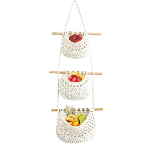 Yjkedfh 3 Stück Obstkorb Hängend Korb, Handgefertigt Korb Hängender Küche Boho Hängekörbe, Handgewebt Küche Aufbewahrung Wandkorb Obstkörbe, Gemüse Aufbewahrung Organisation von Yjkedfh