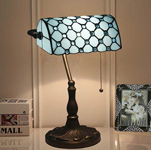 Yjmgrowing Tiffany Style Banker Tischleuchten mit Retro Glasmalerei antike Schreibtischlampe für Arbeitszimmer Schlafzimmer Nachttisch Beleuchtung mit Alloy Base,220 V, E27 (27 × 39 cm),Blau von Yjmgrowing