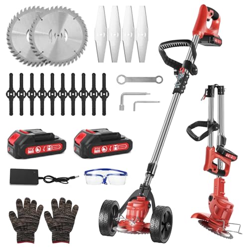 Akku Rasentrimmer 21V – Leistungsstarker Elektrischer Rasenmäher mit 2 x 2000mAh Akku, Teleskopstiel & 3 Klingen – Faltbare Motorsense mit 90° drehbarem Schneidkopf & Rädern für Garten, Rasen & Hof von Ykall