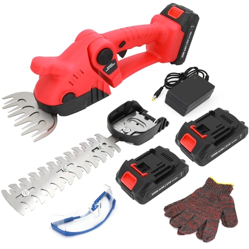 Akku Strauchschere 21V, 2-in-1 Handheckenschneider, 1260 U/min Elektrischer Kabelloser Buschschneider für Garten & Rasen, inkl. 2×2500mAh Akkus & Ladegerät (Rot) von Ykall