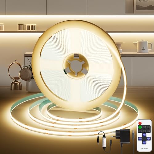 COB LED Streifen 5M mit Fernbedienung, 4000K LED Band Dimmbar Fernseher Beleuchtung 36W, 24V Strip Küchenbeleuchtung, Lichtband LED Selbstklebend Sehr Hell, Lichtleiste für Wohnzimmer, Treppe, Küche von Ylatoial
