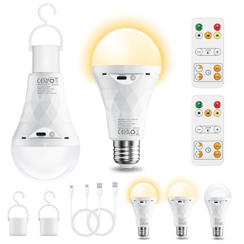 E27 LED Akku Glühbirne mit Fernbedienung 2Stück, Dimmbar Outdoor Lampe (3000K/4000K/6500K), 2600mAh Camping Lampen, Timer Leuchtmittel Sockel&USB Aufladbare Dual-Purpose Für Tischlampe/Camping von Ylatoial