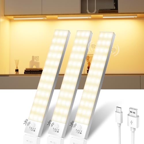 Unterbauleuchte Küche LED Schrankbeleuchtung mit Bewegungsmelder Innen Akku 23cm 3Stück, Schranklicht Schrankleuchten Lichtleiste mit Sensor für Kleiderschran/Unterschrank/Treppe/Kofferraum-Warmweiß Unterbauleuchte Küche LED Schrankbeleuchtung mit Bewegungsmelder Innen Akku 23cm 3Stück, Schranklicht Schrankleuchten Lichtleiste mit Sensor für Kleiderschran/Unterschrank/Treppe/Kofferraum-Warmweiß von Ylatoial