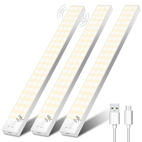 Unterbauleuchte Küche LED Schrankbeleuchtung mit Bewegungsmelder Innen Akku 32cm 3Stück, Schranklicht Schrankleuchten Lichtleiste mit Sensor für Kleiderschran/Unterschrank/Treppe/Kofferraum-Warmweiß von Ylatoial