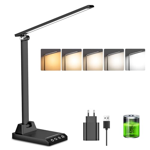 Ylatoial Schreibtischlampe LED Dimmbar, LED Tischlampe Kabellose mit 2500 mAh Akku, 5 Farben und 10 Helligkeitsstufen, USB Anschluss, Timer, Touch Steuerung, Schreibtischlampe Kinder für Lektüre Büro von Ylatoial