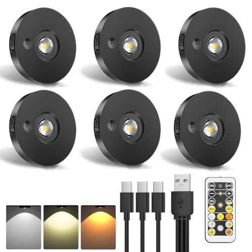 Ylatoial USB Aufladbare LED Spots Akku mit Fernbedienung, 3 Dimmbare Farbtemperaturen, Timer-Funktion, Kabellose Unterbau/Schrankbeleuchtung Rundes Design (6er Pack)(Warmweiß/Kaltweiß/Tageslichtweiß) von Ylatoial
