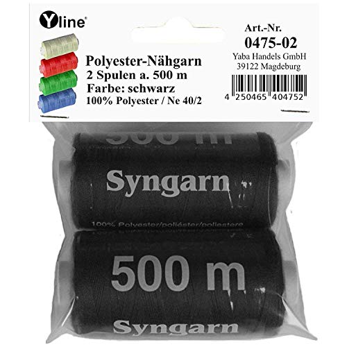 2 Spulen a. 500 m Nähgarn/Syngarn schwarz, Garn Nähfaden Polyester für die Nähmaschine, 0475-02 von Yline