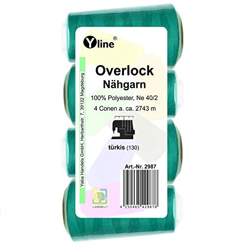 4 Stück Spulen Overlock - Nähgarn, türkis, a. 2743 m, NE 40/2, 100% Polyester, Nähfaden, Nähmaschinen Garn, 2987 von Yline