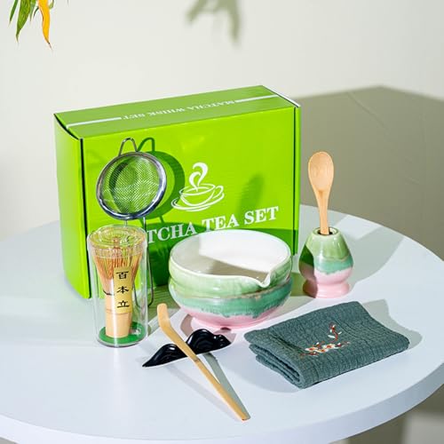 Matcha-Schneebesen-Set mit grüner Geschenkbox, traditionelles japanisches Teezeremonie-Set, Ofenwechsel, glasierte Keramik, horizontal gestreift, Matcha-Schüssel-Set für Matcha-Liebhaber, Rosa, Grün Matcha-Schneebesen-Set mit grüner Geschenkbox, traditionelles japanisches Teezeremonie-Set, Ofenwechsel, glasierte Keramik, horizontal gestreift, Matcha-Schüssel-Set für Matcha-Liebhaber, Rosa, Grün von YlobdolY
