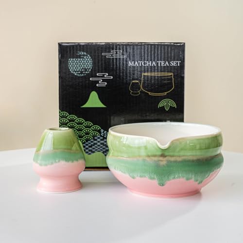 YlobdolY Matcha-Schneebesenhalter und Schüssel-Set aus Keramik, mit schwarzer Geschenkbox, traditionelles handgefertigtes Rillen-gestreiftes Ofenwechsel, glasiertes Porzellan, japanisches von YlobdolY
