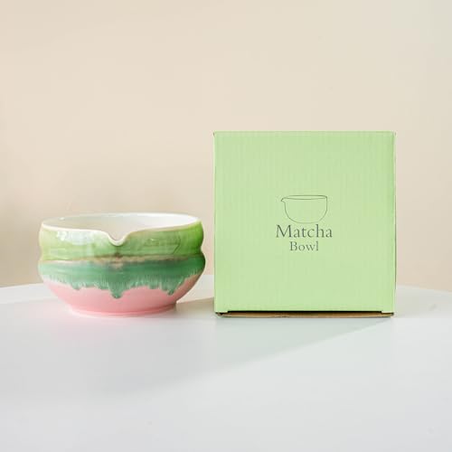 YlobdolY Matcha-Schüssel aus Keramik mit Ausgießer, handgefertigt, Aquarell, glasiertes Porzellan, traditionell, japanische Matcha-Tee-Rührschüssel mit Geschenkbox zum Schlagen von Matcha, Rosa/Grün von YlobdolY