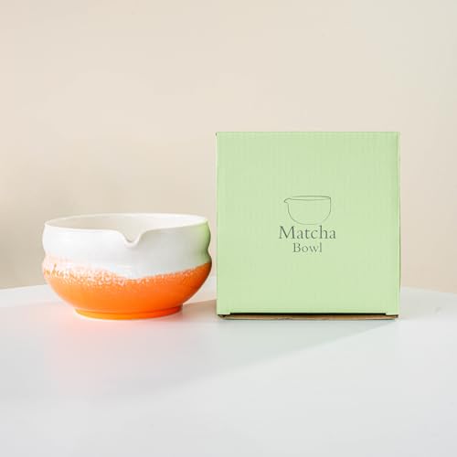 YlobdolY Matcha-Schüssel aus Keramik mit Ausgießer, handgefertigt, Aquarell, glasiertes Porzellan, traditionelle japanische Matcha-Tee-Rührschüssel mit Geschenkbox zum Schlagen von Matcha, Orange von YlobdolY
