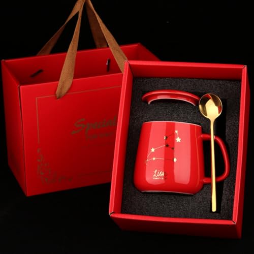 YlobdolY Rotes Keramik-Kaffeetassen-Set mit Sternbild-Design, Porzellan-Tasse mit Deckel und Löffel, Astrologie-Kaffeetasse, Teetasse, Geburtstagsgeschenk für Herren und Damen, mit Geschenk-Box, Löwe YlobdolY Rotes Keramik-Kaffeetassen-Set mit Sternbild-Design, Porzellan-Tasse mit Deckel und Löffel, Astrologie-Kaffeetasse, Teetasse, Geburtstagsgeschenk für Herren und Damen, mit Geschenk-Box, Löwe von YlobdolY