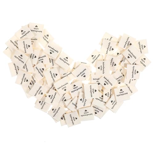 Ymapinc 100 Stück Handgemachte Etiketten，Handmade Label Love Tags DIY Crafts Label Handmade zum Annähen Knitting Crochet Sewing Fabric Tags Love Heart Handmade Labels zum Annähen (4x2 Cm, Beige) von Ymapinc