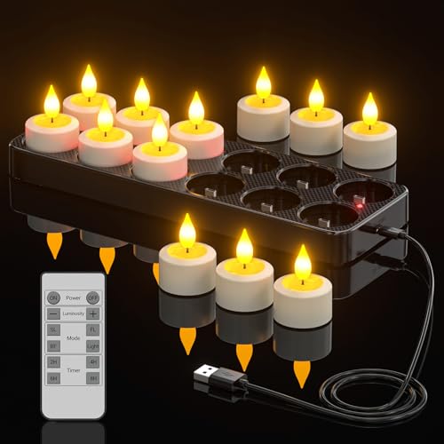 Yme LED Kerzen mit Timerfunktion Fernbedienung, 12 Stück Wiederaufladbare Teelichter Elektrisch USB Aufladbar mit Ladestation für Wohnzimmer Zimmer Halloween Weihnachten Party Deko Modern von Yme