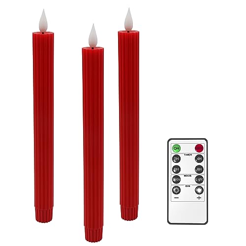 Yme LED Kerzen mit Timerfunktion und Fernbedienung, 3 Stück Batteriebetrieben Stabkerzen Rot Echtwachs Flackernde Flamme für Adventskranz Kerzenhalter Saisonale Deko Weihnachten von Yme