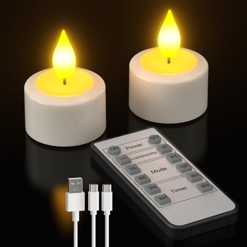 Yme Wiederaufladbare Teelichter, 2er Aufladbare Elektrische LED Teelichter Wiederaufladbar Flackernd Kerzen mit Timer und Fernbedienung für Zimmer Wohnzimmer Halloween Weihnachten Party Deko von Yme